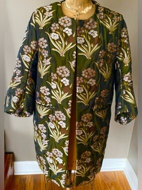 H&M Embroidered Floral Jacquard Kimono Jacket Green Artwear Open Front Size 6
